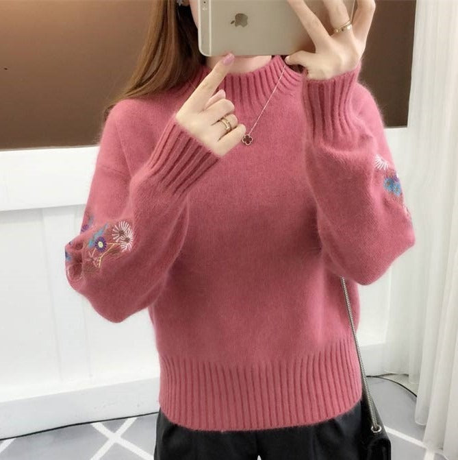 SASKIA | Pulover gros din tricot de bumbac cu broderie florală