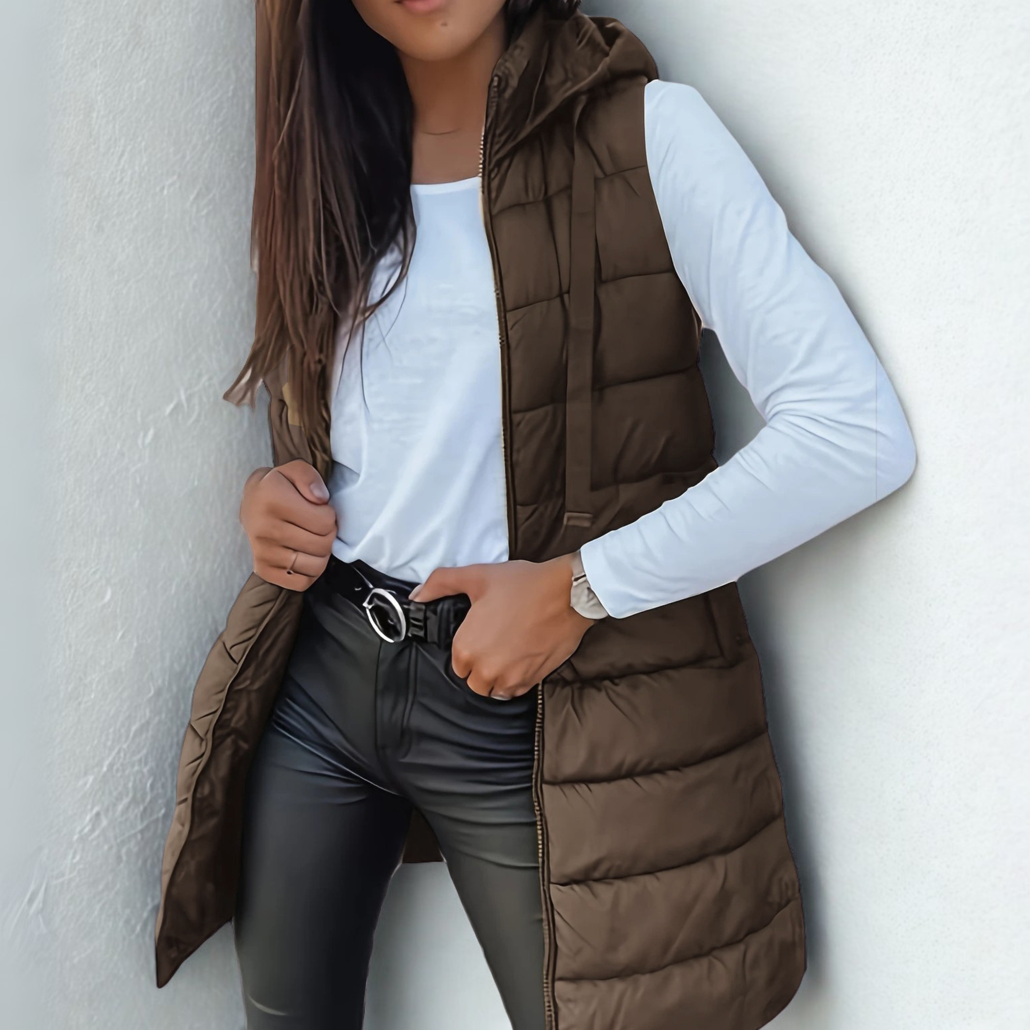 Rebeca | Vest lung pufos fără mâneci, cu glugă, casual