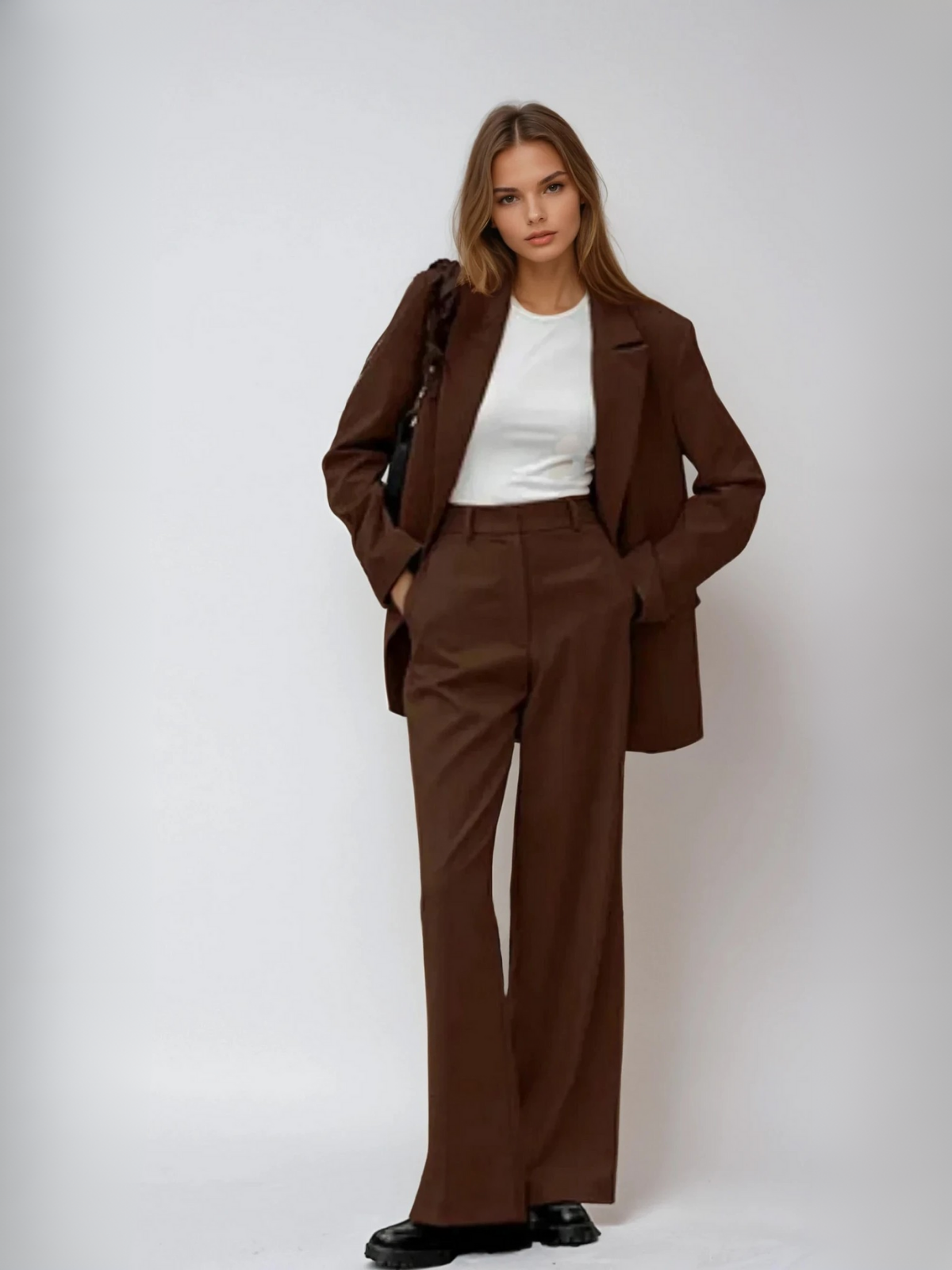 Set asortat de blazer vintage mocha și pantaloni cu croi larg