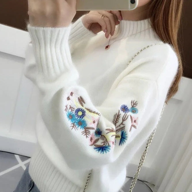 SASKIA | Pulover gros din tricot de bumbac cu broderie florală