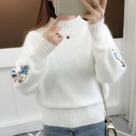 SASKIA | Pulover gros din tricot de bumbac cu broderie florală