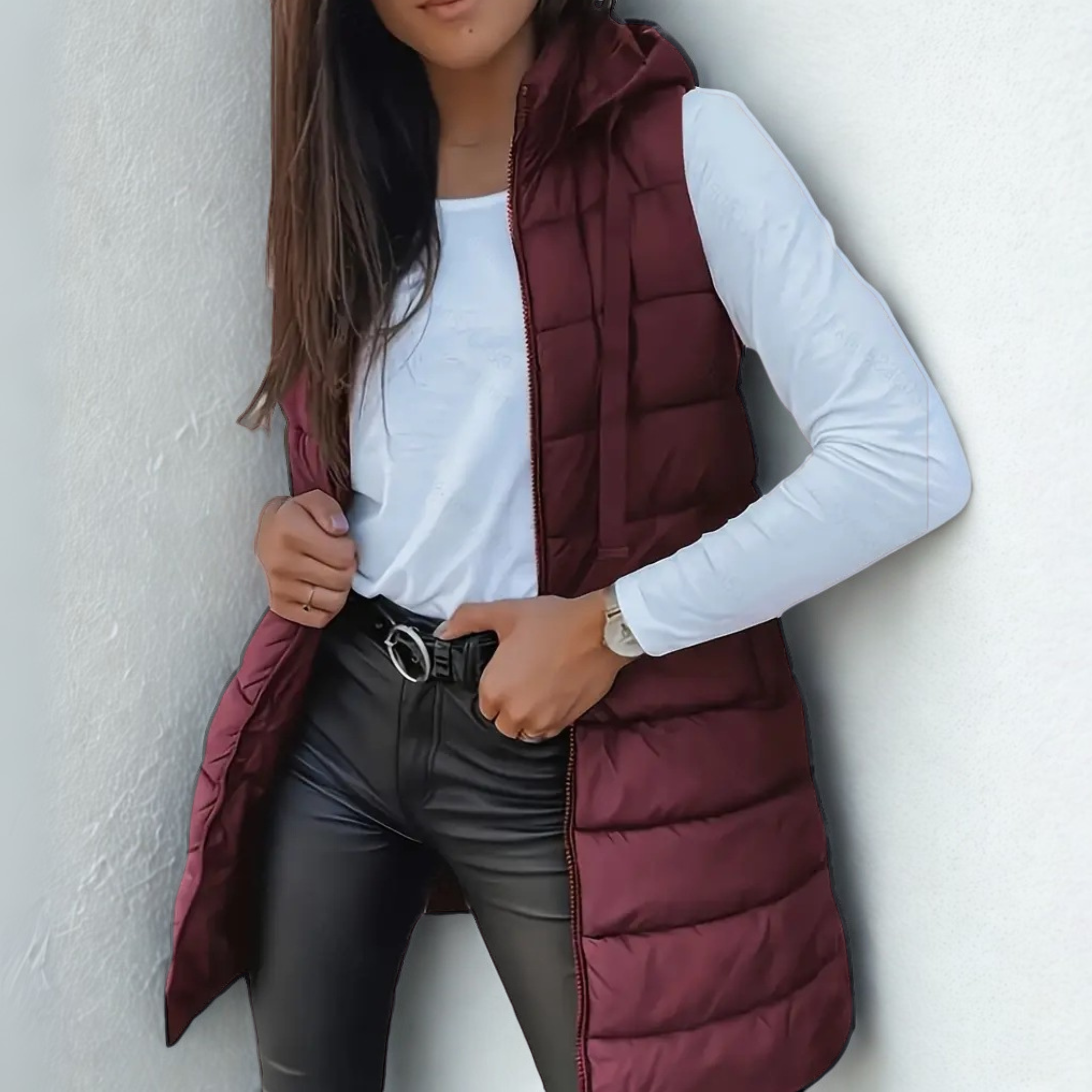 Rebeca | Vest lung pufos fără mâneci, cu glugă, casual