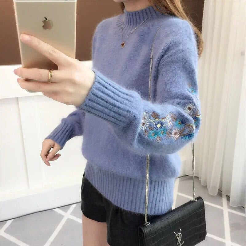 SASKIA | Pulover gros din tricot de bumbac cu broderie florală