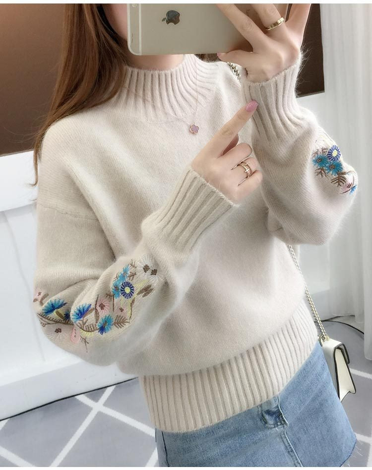SASKIA | Pulover gros din tricot de bumbac cu broderie florală