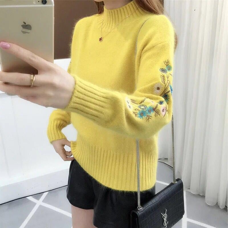 SASKIA | Pulover gros din tricot de bumbac cu broderie florală